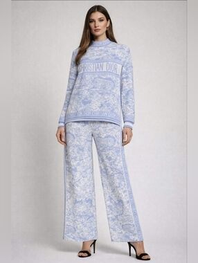 2pcs Elegant Stretchy Knit Blue Patterned Sweater And Pants Set